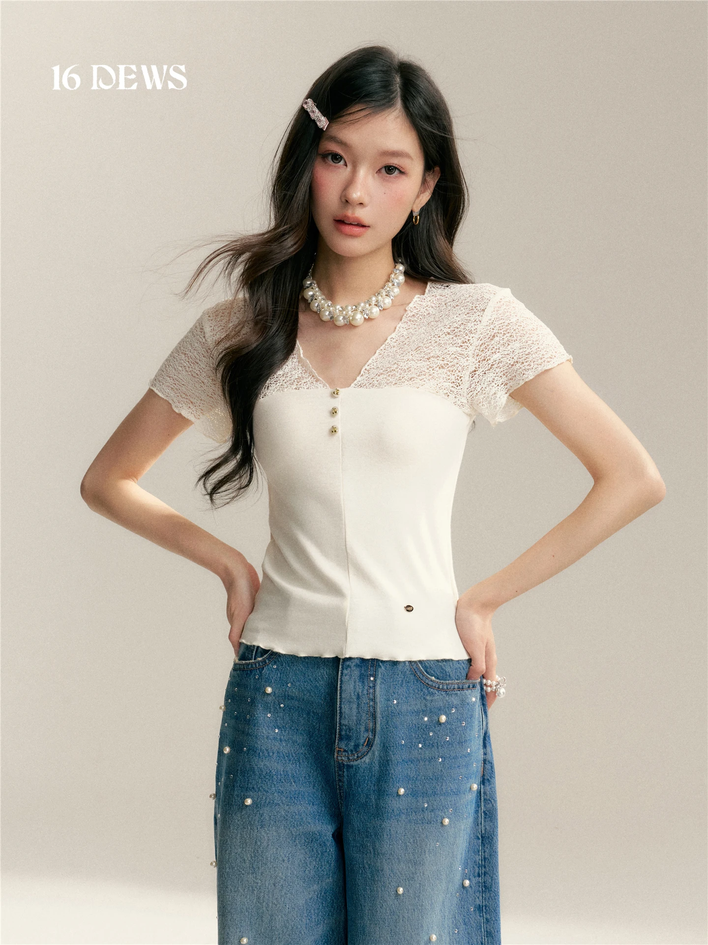 

Ele ort Sve T-irt Women's Slim Fit V-Ne Lace Patchwork White Top Faionable Summer irt 6DEWS Premium Feeling
