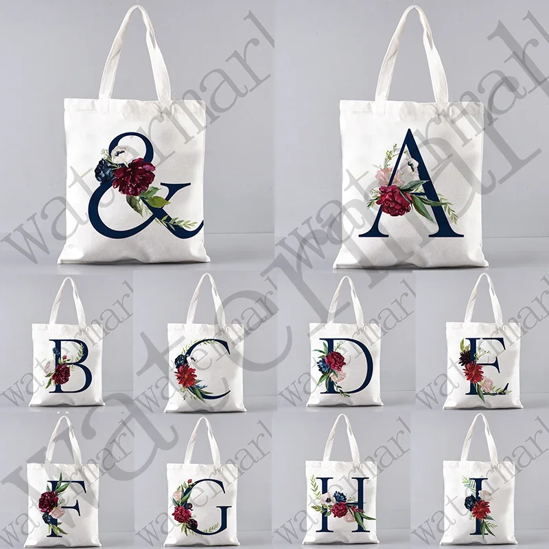 Flower Letter Initial Name Pattern Printed Women tote Shopping Bag Casual Large Canvas Shoulder Bag  Bridesmaid Wedding Gift