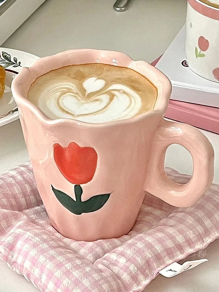 

Handmade Cerc Tulip Mug Pink Ins Sle Coffee Water Drinking Cup Irregular ape Calliaphy Artistic Touch for All