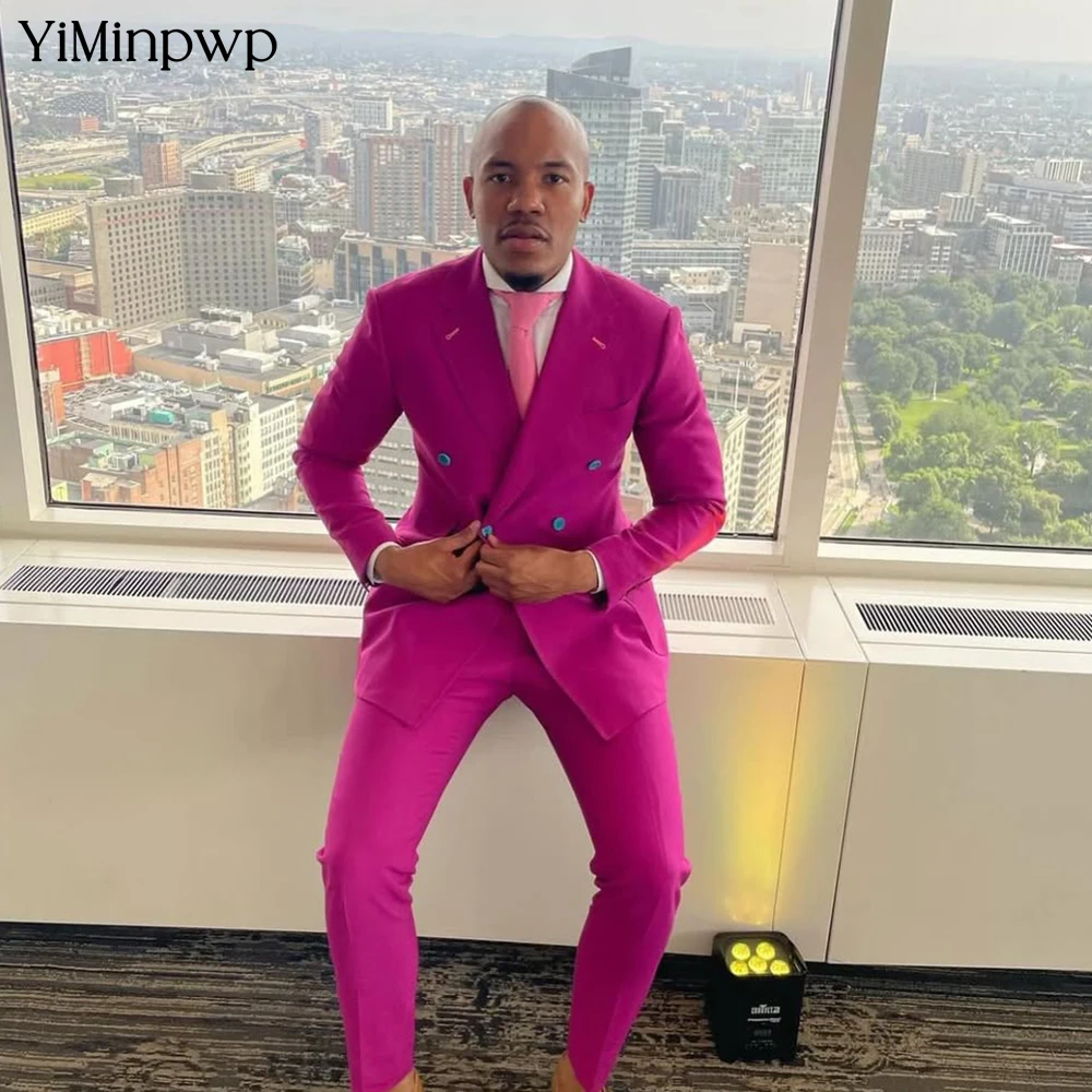 

Fushcia Men's Suits Slim Fit Double Breasted Satin Banquet Wedding Groom Tuxedos Business Casual 2 Piece Suits Set XS-5XL