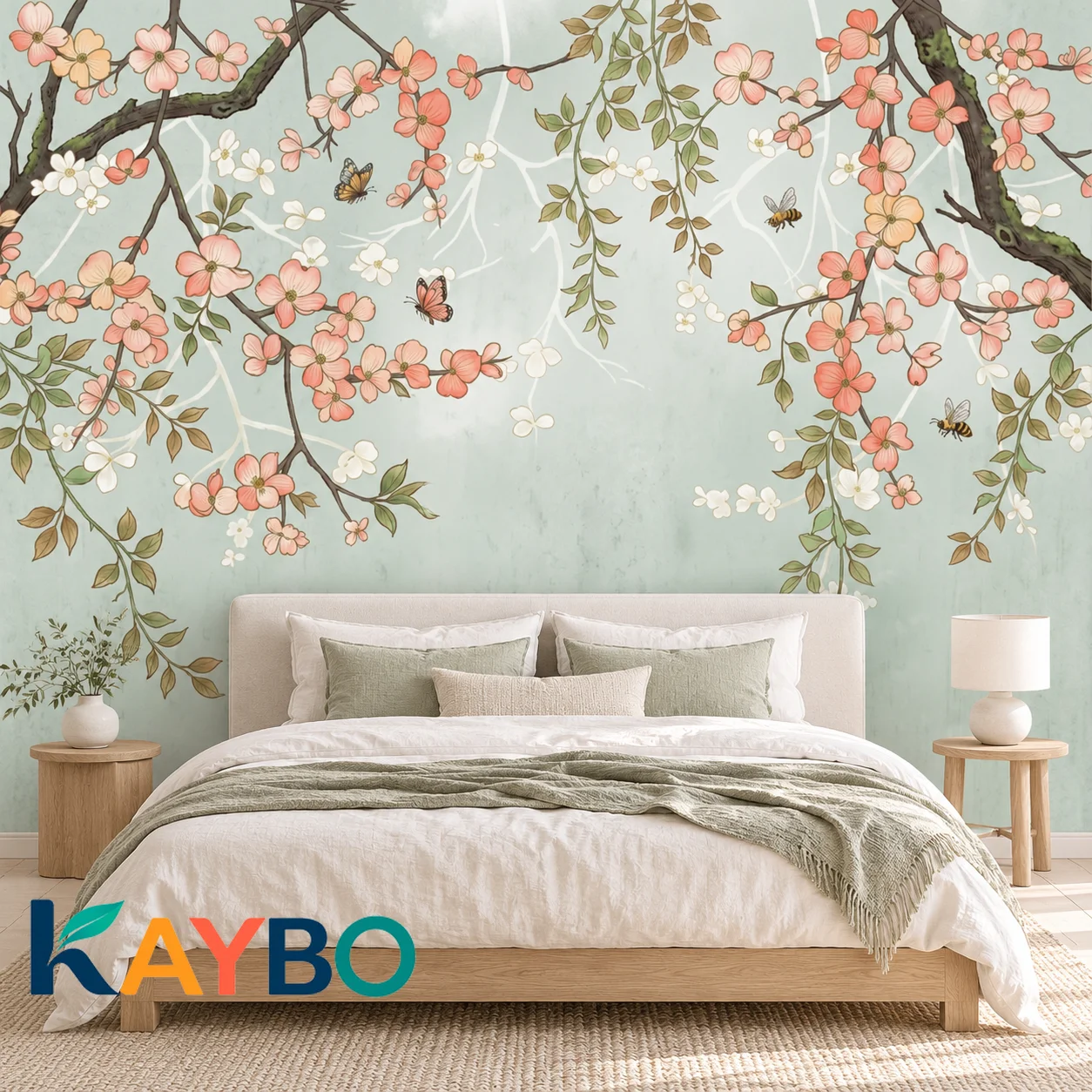 Floral Wallpaper Mural Pink Blossoms and Butterflies Non Self Adhesive Sage Green Wall Decor for Bedroom Living Room Accent Wall