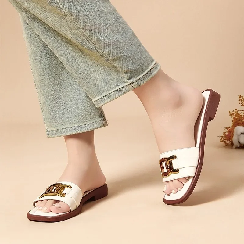 

Shoes for Women 2025 Open Toe Women's Slippers Outdoor Beach Slippers Women Metal Decoration Square Toe Low Flat with Sandals