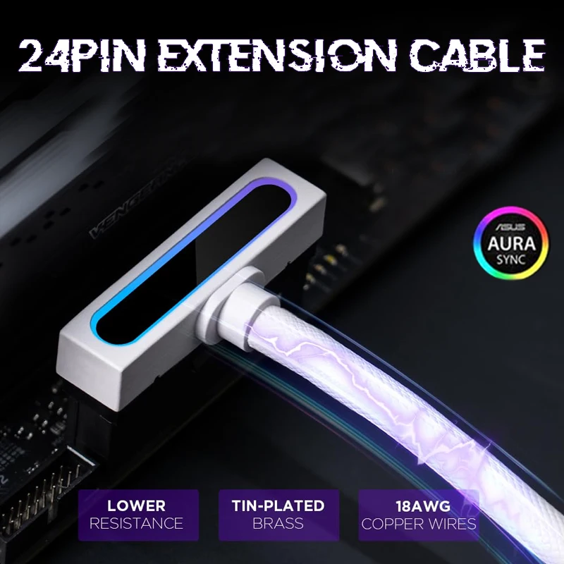 

Удлинительный кабель AIJS ATX24PIN с однолинейным соединением ARGB SYNC Удлинительный кабель питания компьютера