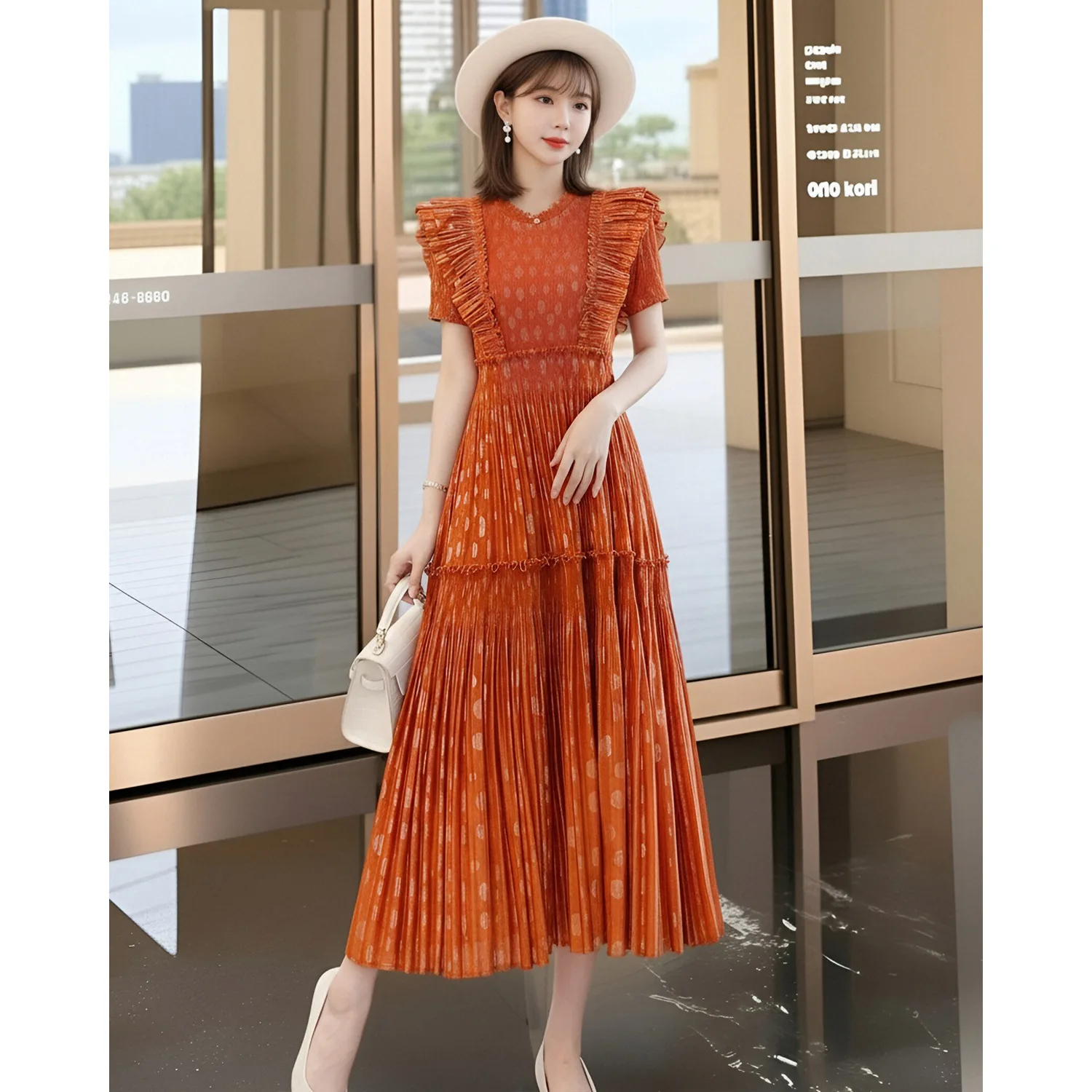

High-end Green Dress Seaside Resort Style Skirt for Women Summer New Short-sleeved Waist Miyake Pleated Skirt