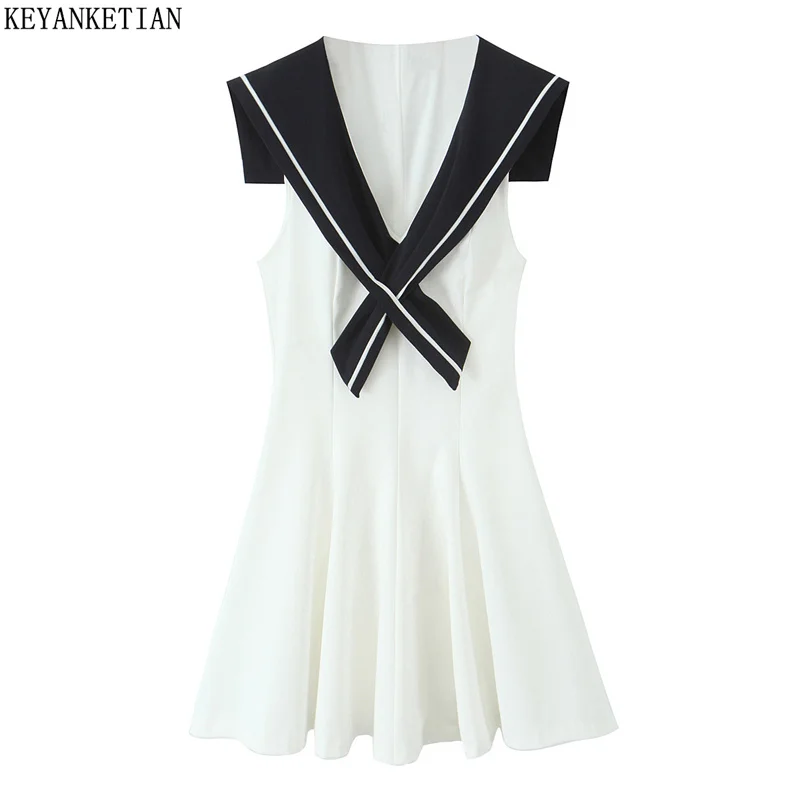 KEYANKETIAN 2025 여름 새 여성 대비 색 선원 칼라 민소매 드레스 프레피 스타일 사이드 지퍼 플리츠 미니 드레스