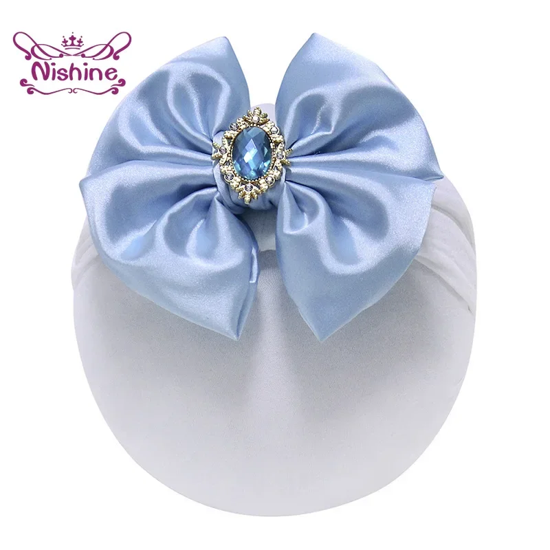 Nishine Solid Color Satin Bowknot Infant Headband with Rhinestone Baby Soft Comfortable Elastic Nylon Headwraps Kids Accessories