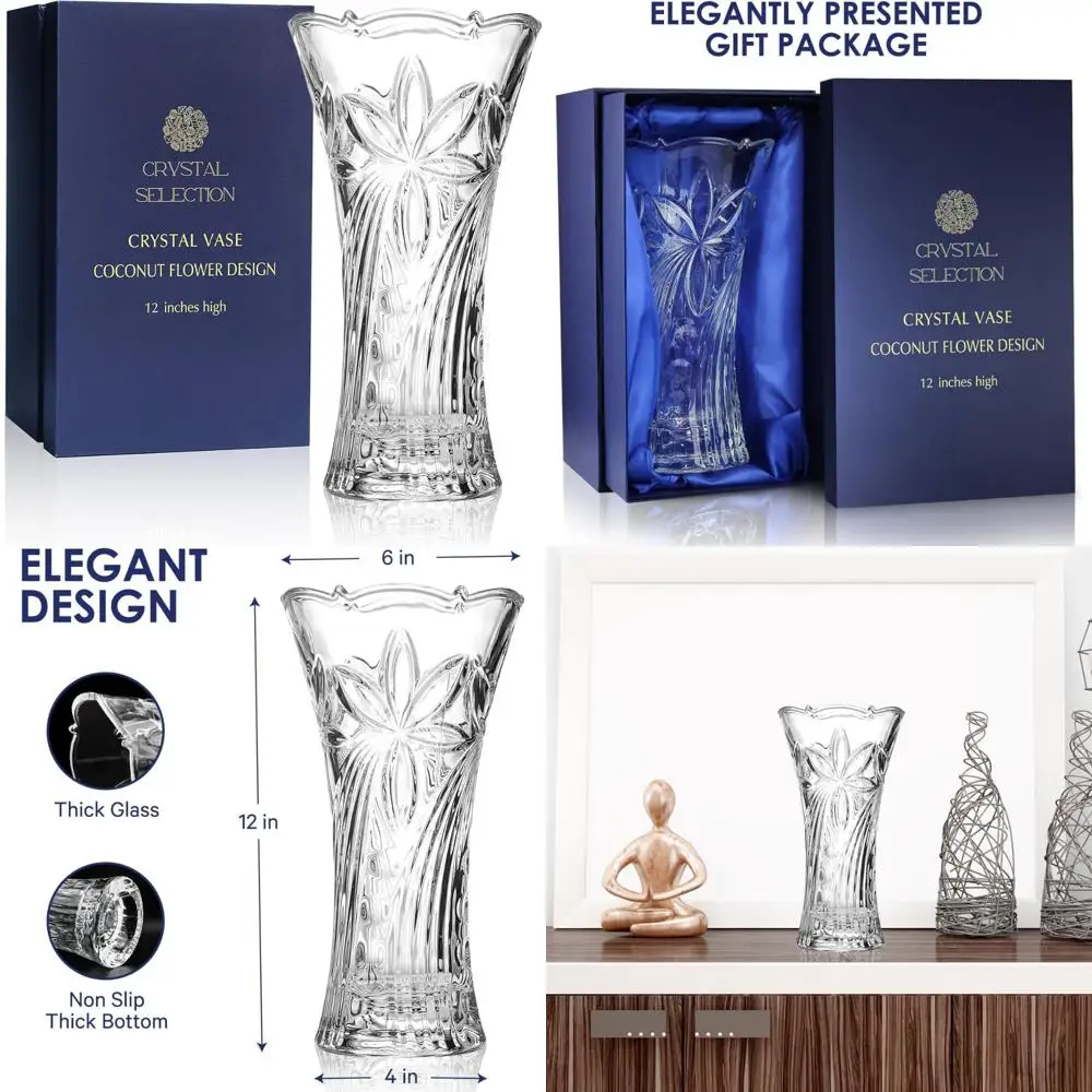 

12-дюймовая хрустальная ваза с дизайном цветов кокоса для цветов и декора, прекрасная блестящая деталь, идеальный подарок, подходит для дома или мероприятий