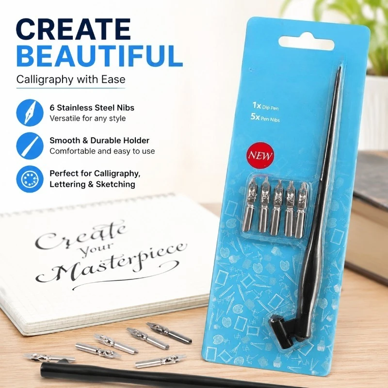 Cartoon Anime Dip Pen with 6 Nibs, Black Plastic Holder and Stainless Steel Pen Nib Set for Calligraphy, Lettering, Sketching