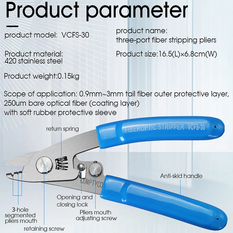 COMPTYCO Stainless steel VCFS-30 Three-port Fiber Optical Stripper Pliers Wire Strippers for FTTH Tools Optic Stripping Plier