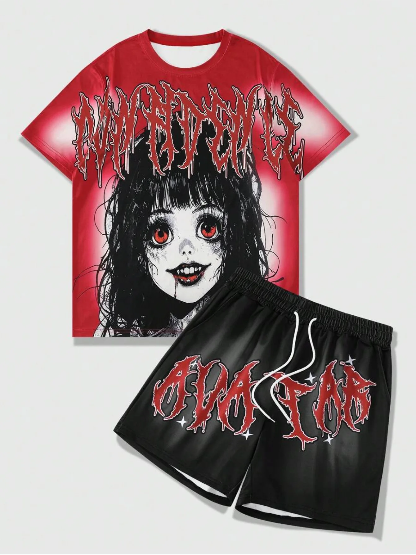 

Модный мужской комплект 2026: Красно-черная контрастная футболка Y2K в стиле Dark Anime для повседневной носки и тренировок