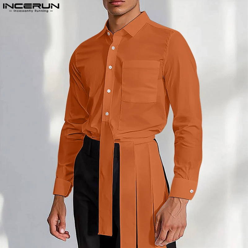 INCERUN-Blusas sencillas con tiras de empalme para hombre, camisas con cuello de solapa, camisa informal de Color sólido, Top abierto de manga larga, túnicas