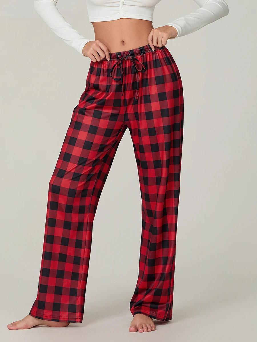 Women Red Plaid Pajama Bottoms with Pockets Drawstring Sleepwear Pants Loose Stretch Home Lounge Sleepwear Nightwear Trousers