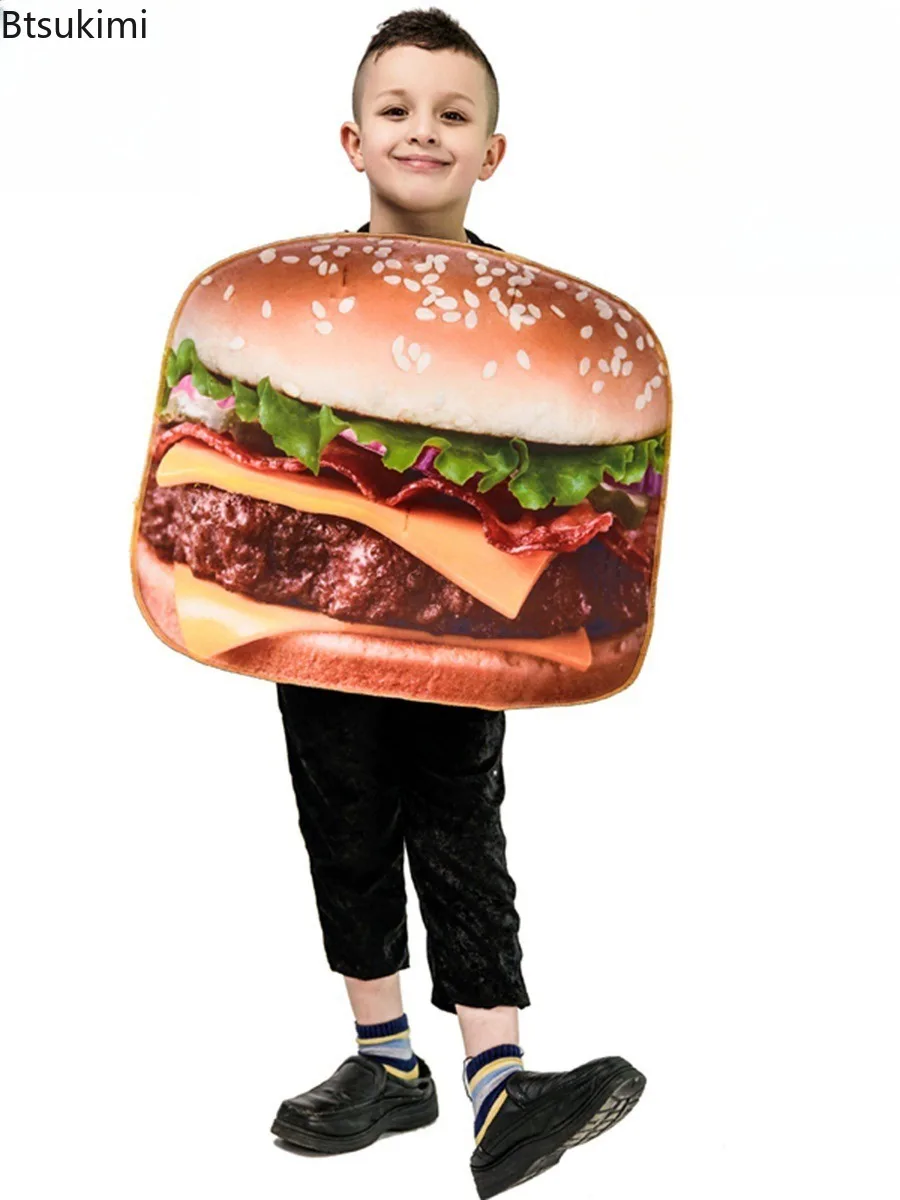 Neues Lustiges Lebensmittel-Cosplay Halloween-Kostüm Kinder Bühnenkostüm Pizza Burger Pommes Frites Würstchen Hot Dog Karneval Party Outfit