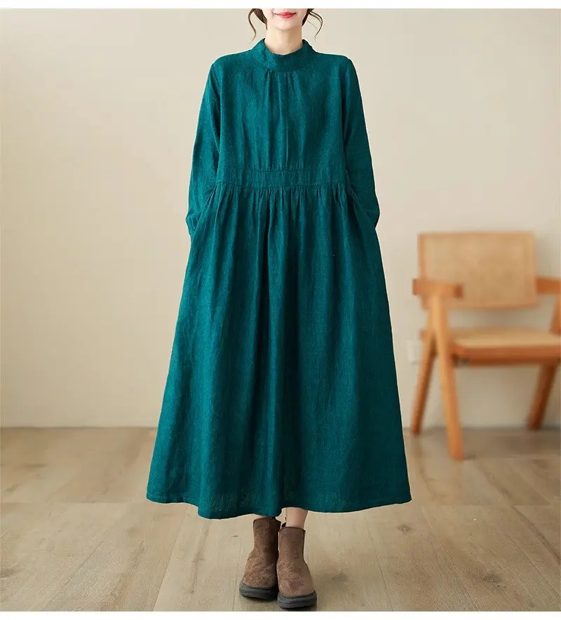 Robe en lin vintage français pour femmes, robe à lacets, col mi-haut, polyvalent, monochromatique, mode décontractée, automne, 2023, z3ino 4