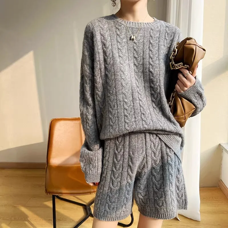 Thickened Fried Dough Twists Sweater Suit Women\'S Solid Round Neck Pullover Cashmere Sweater Shorts Two-Piece Loose Long Sleeve