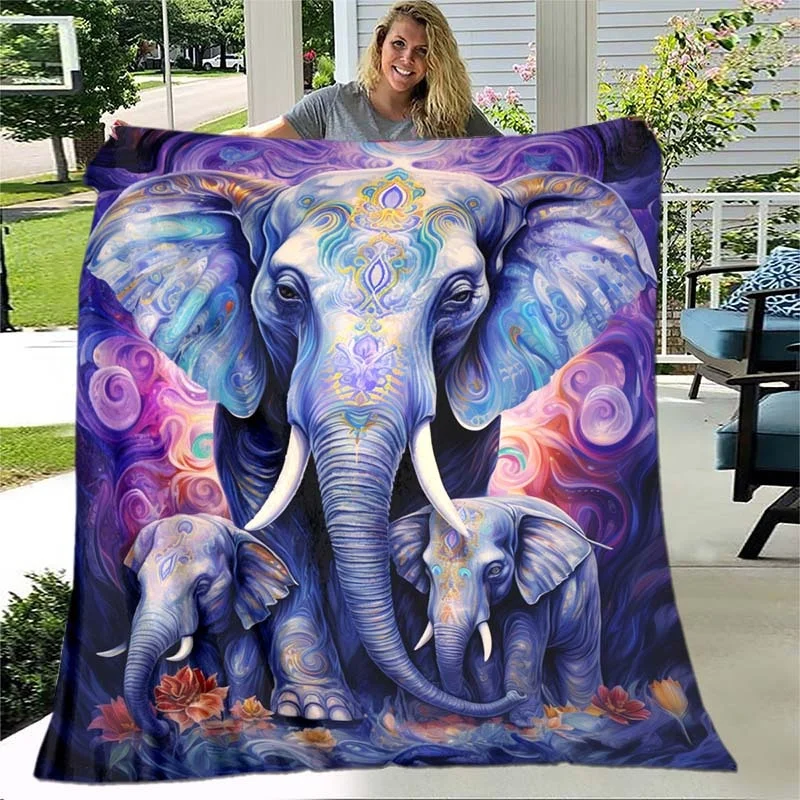 Psychedelic Colorful Tribal Elephant Calf Art Flannel Throw Blanket,Boho Swirl Wildlife Elephant Print Blanket for Sofa Decor