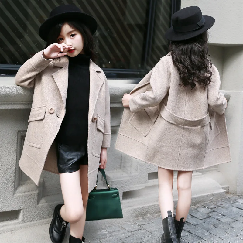 ZOETOP 2024 New Autumn Winter Children Girl Woolen Coat School Girl Lapel Pure Color Casual Coats Junior Girl Long Jackets