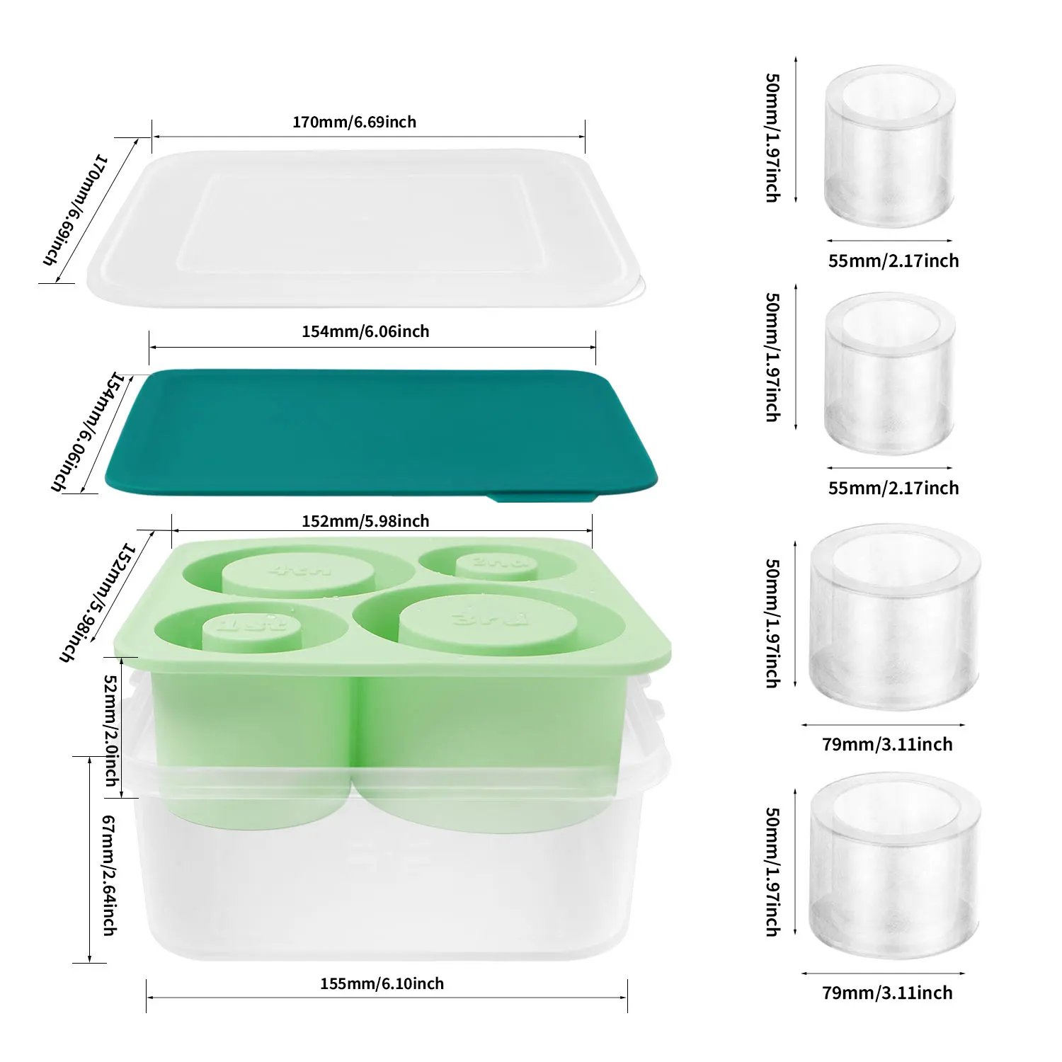 Bandeja de gelo com tampa e bin Ice Cube Maker, Ice Box, Big Shape, Ice Frame, Molde de silicone Cilindro de garrafa de água