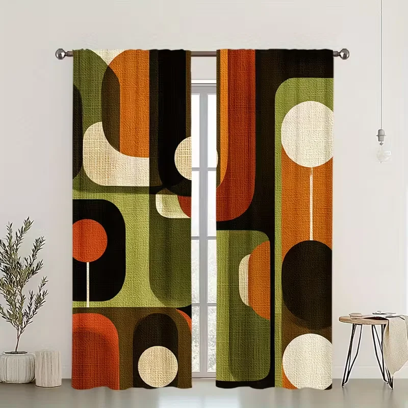 Cortinas Retro Abstractas con Estampado Geométrico de Círculos en Naranja y Verde para Sala de Estar, Dormitorio, Ventana, Decoración de Mediados de Siglo