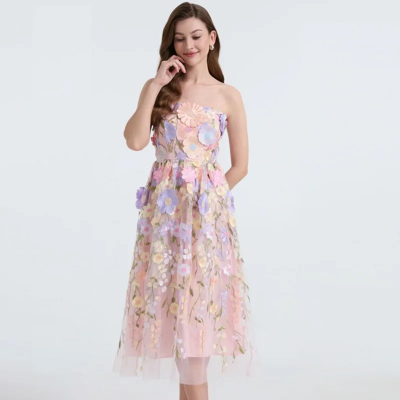 

2026 Fashion Embroidery Lace Appliques Party Maxi Dresses Women's Summer Sexy Strapless-neck Dress Elegant Slim A-line Dresses