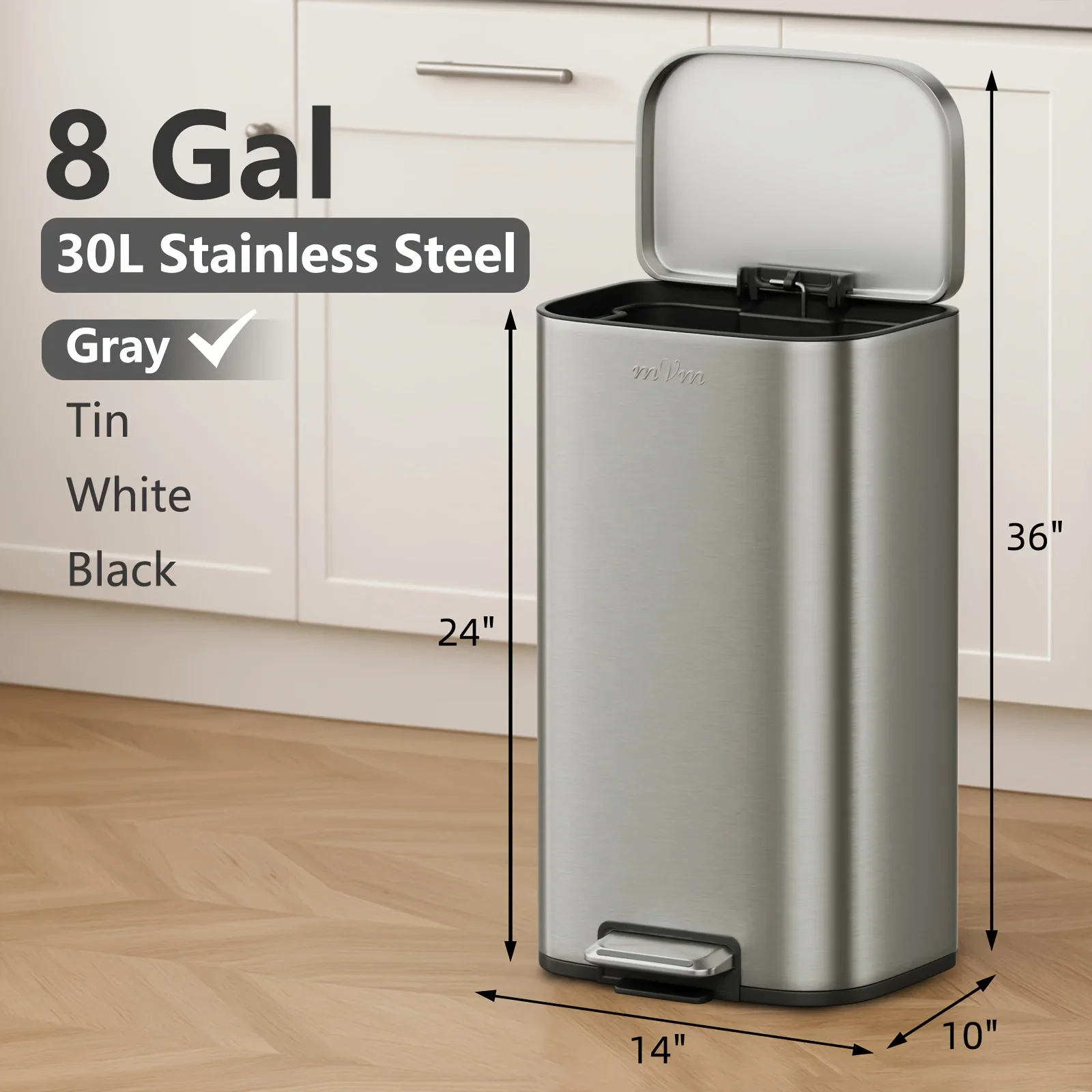 

8Gal Stainless Steel Step Trash Can Featuring a Quiet Closing Lid, Odor Lock Technology, a Removable Bucket, And Is Smudge