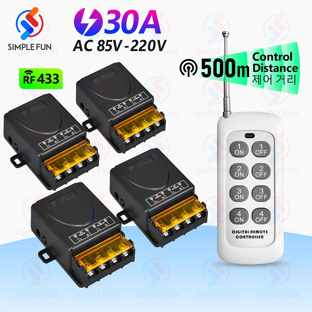 433Mhz Wireless Remote Control Light Switch 110V 220V,500 meters Control Range,30A High Power Relay Module,for Pump Lamp Fan DIY