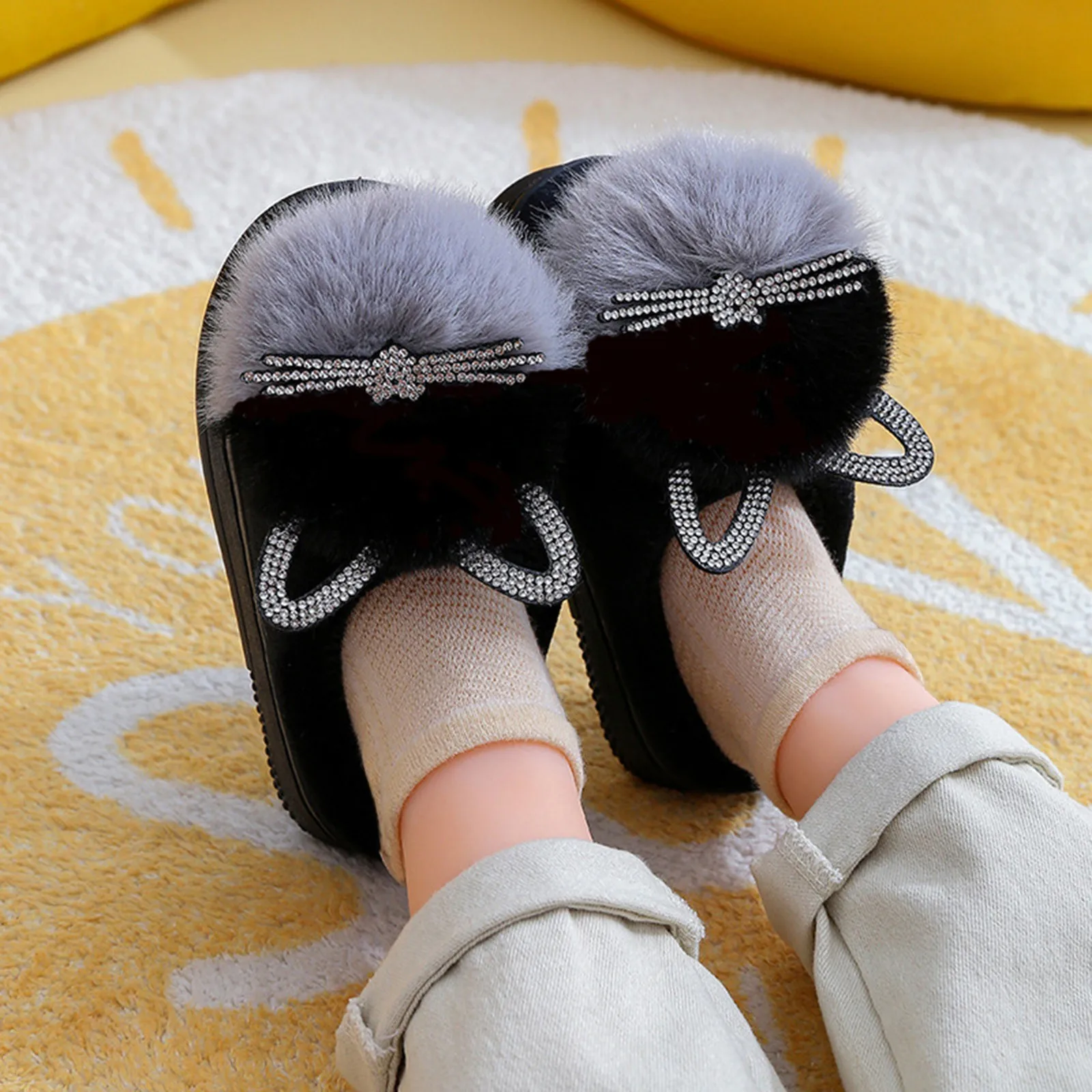 Children Cotton Slippers Princess Warm Kid Winter Cute Cat Cartoon Diamond Furry Shoes Baby Girl Soft Bottom Home Bag heel Shoes