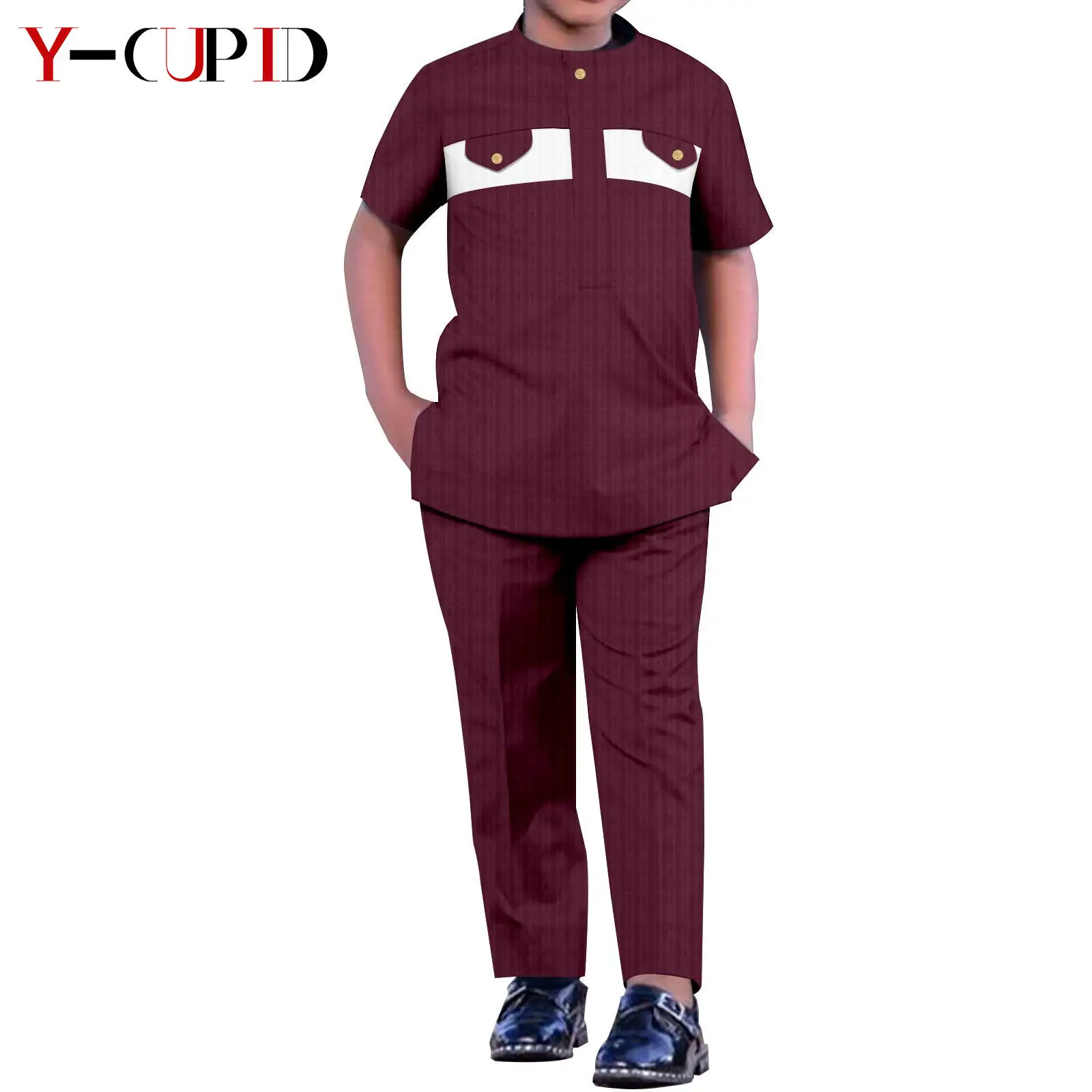 African Boy Suits Top and Pant 2 Pieces Sets Bazin Riche Children Kid Outfits Traditional Kaftan Muslim Clothes Attire Y234014