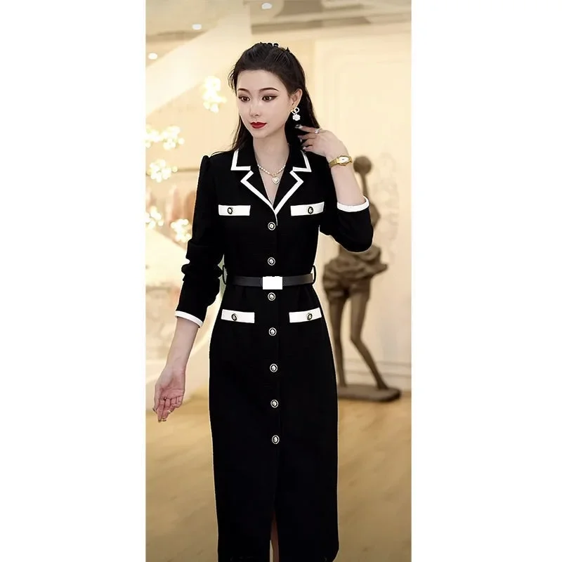 Women Fashionable Button Decoration Small Fragrant Autumn Long Sleeve Dress Light Luxury High Waist Thin Mid Length Dress A29