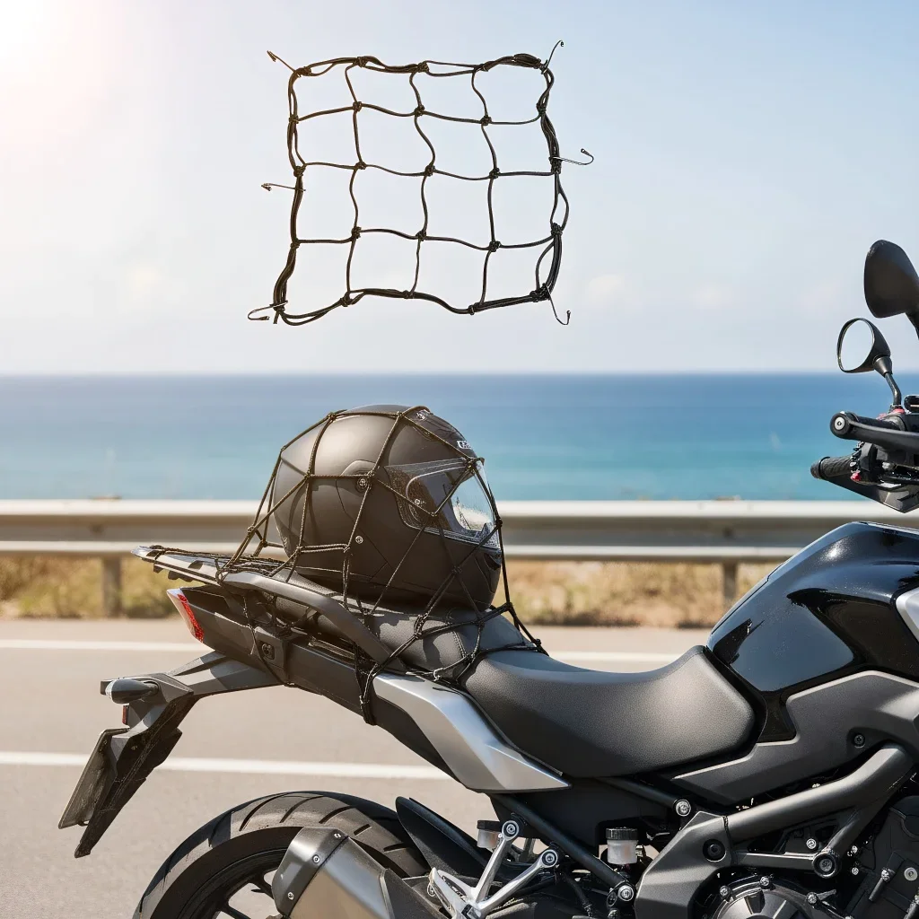 Stretchable Motorcycle Helmet Storage Bag, Duffle & Mesh Storage Net for Bike Gear, Helmet Guard with Travel Straps