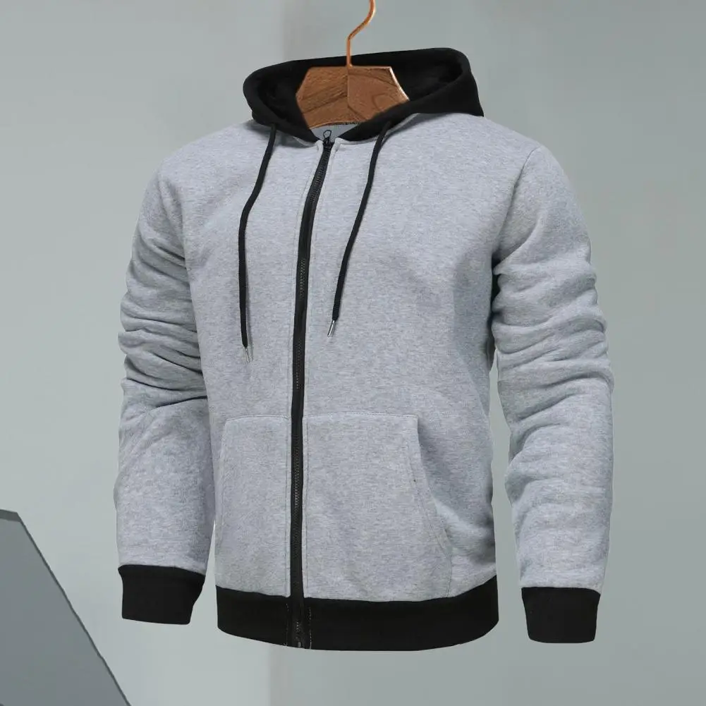 

Men Jacket Solid Color Hoodie Jacket Men's Fall Winter Hoodie Sport Jacket with Drawstring Closure Elastic Cuff Solid Color Coat