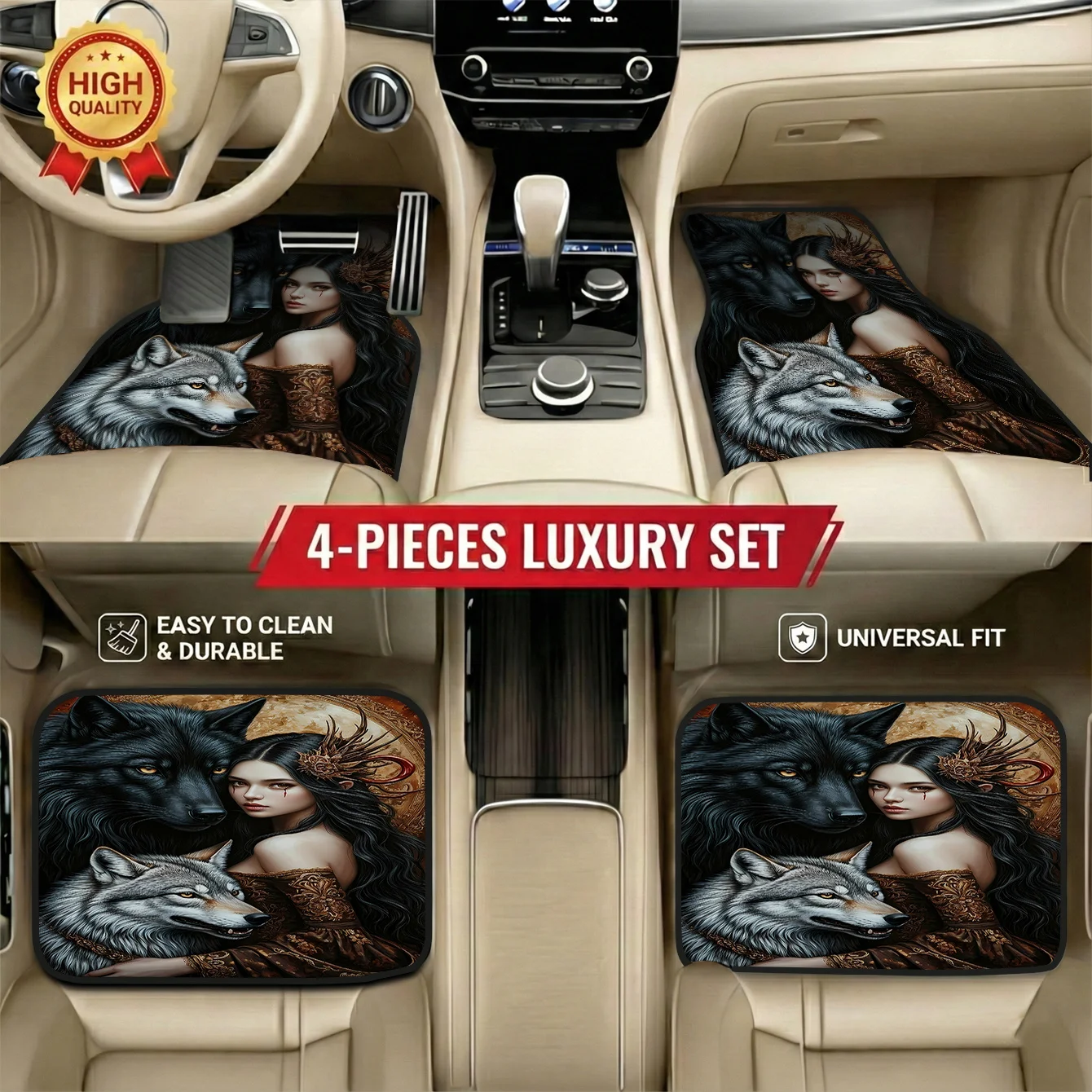 Set Of 4 Car Mats Featuring Woman With Wolf Design, Perfect For Hatchbacks Estate Cars, Easy Care & Maintenance, Stylish Interio