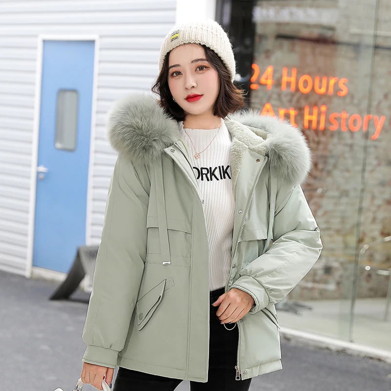 

Short Hooded Coat With Fur Collar Winter Jacket Women Casual Warm Adjustable Waist Female Cotton Liner Parka