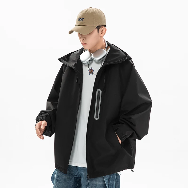 

Unisex Outdoor Solid Color Hooded Jacket, Spring and Autumn Workwear Windproof Coat Men's Leisure Windbreaker.Oversized