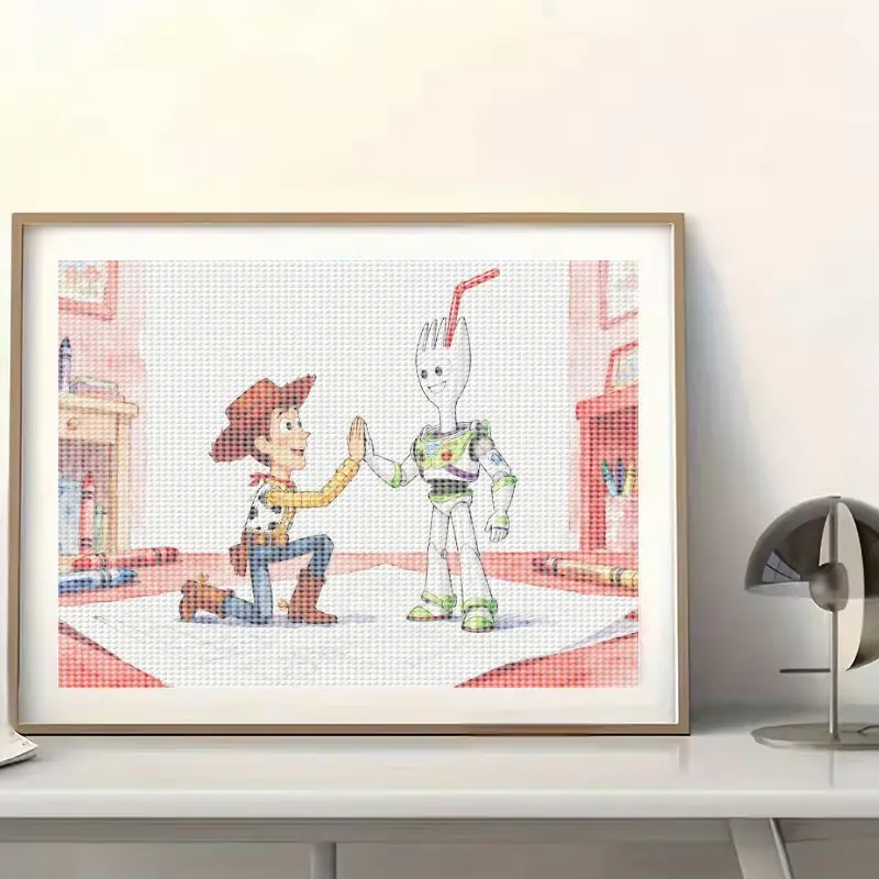 1PC 5D Full Drill DIY Diamond Painting Kit, Toy Story Woody & Forky sebagai Buzz Lightyear High-Five Celebration, Karakter Kartun B