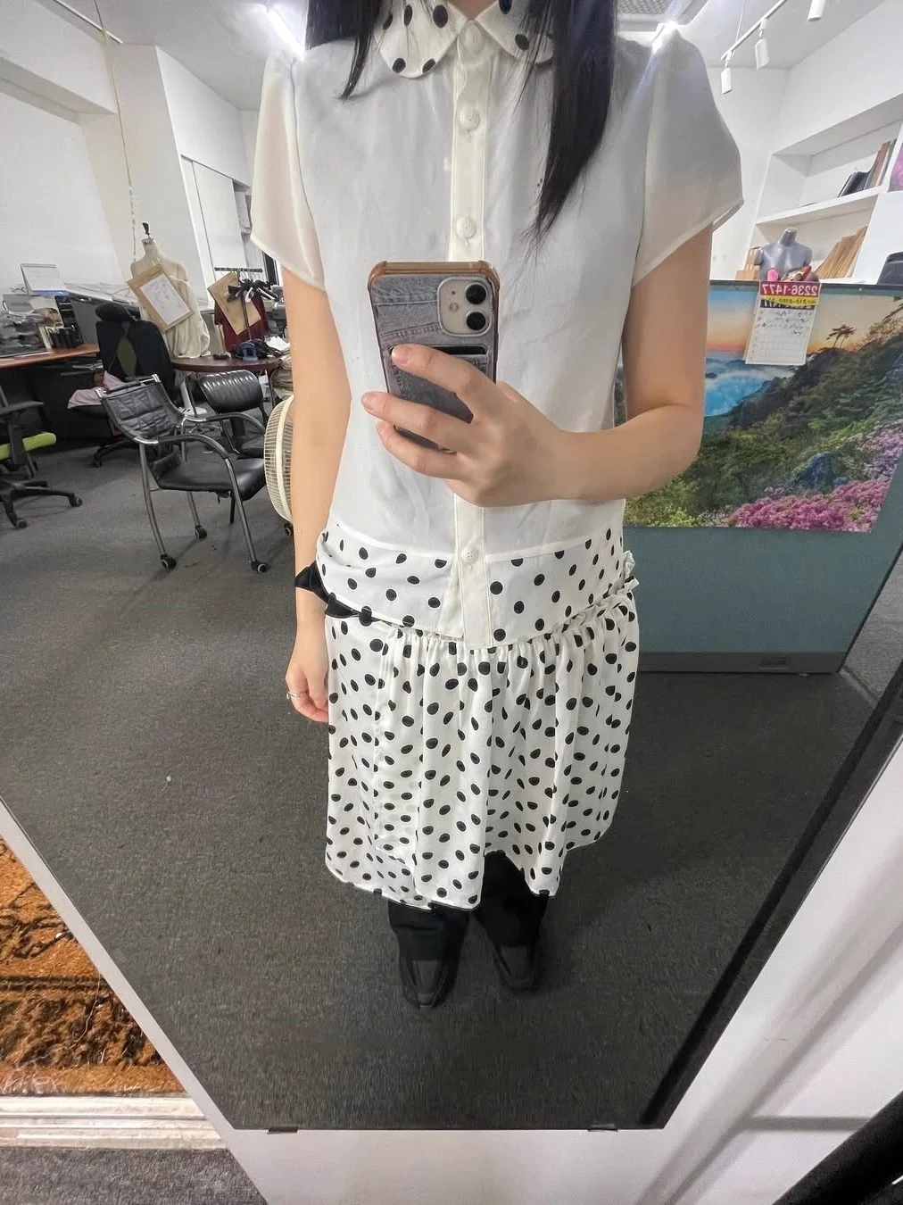 Retro Polka Dot Doll Collar Splice Me Slimming Casual ort Sve irt Top Women SEI Unique Straight Cut Color Blo irt
