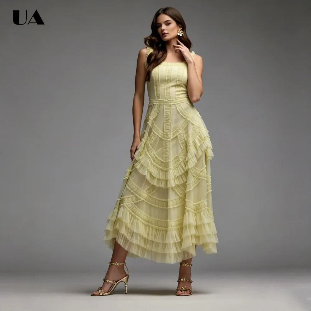 

ULBYANRY Customized A-line Tulle Ruffles Prom Dress for Woman, Elegant Sleeveless Evening Dress, Trendy Square Neck Party Dress