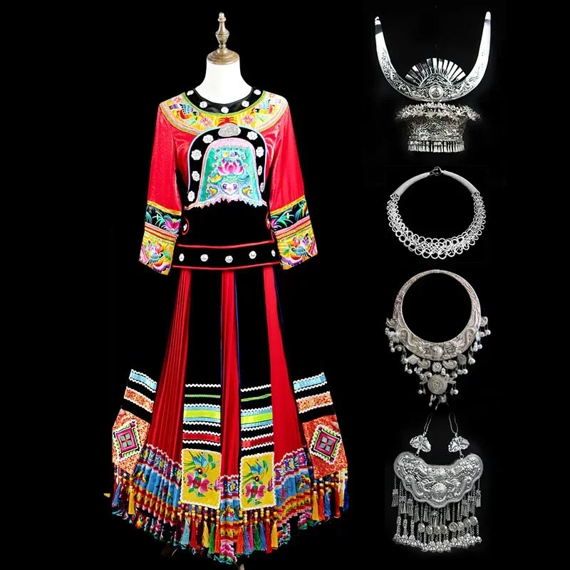 Hmong Wedding Dress Chinese Costumes Hmong Clothes Ethnic Embroidery Dance Performance Costume Adult Women Miao Hat Clothing