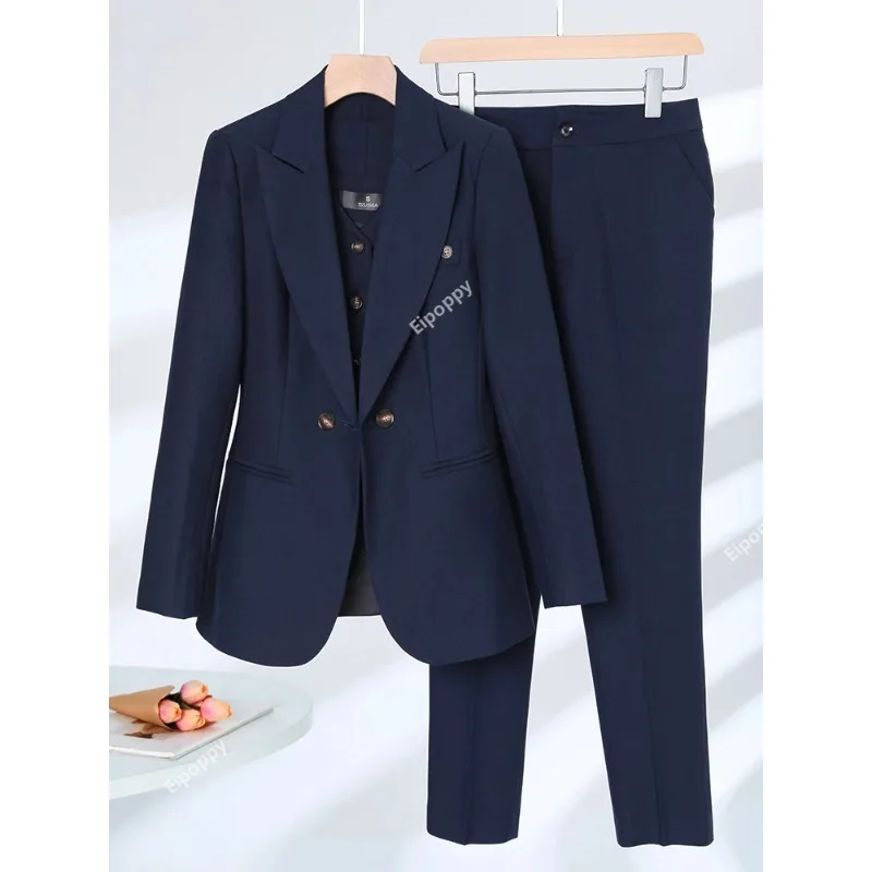 

2024 Women Formal Blazer Vest and Pant Suit Autumn Winter Navy Pink Apricot Office Ladies Business Work Career Wear 3 Pieces Set