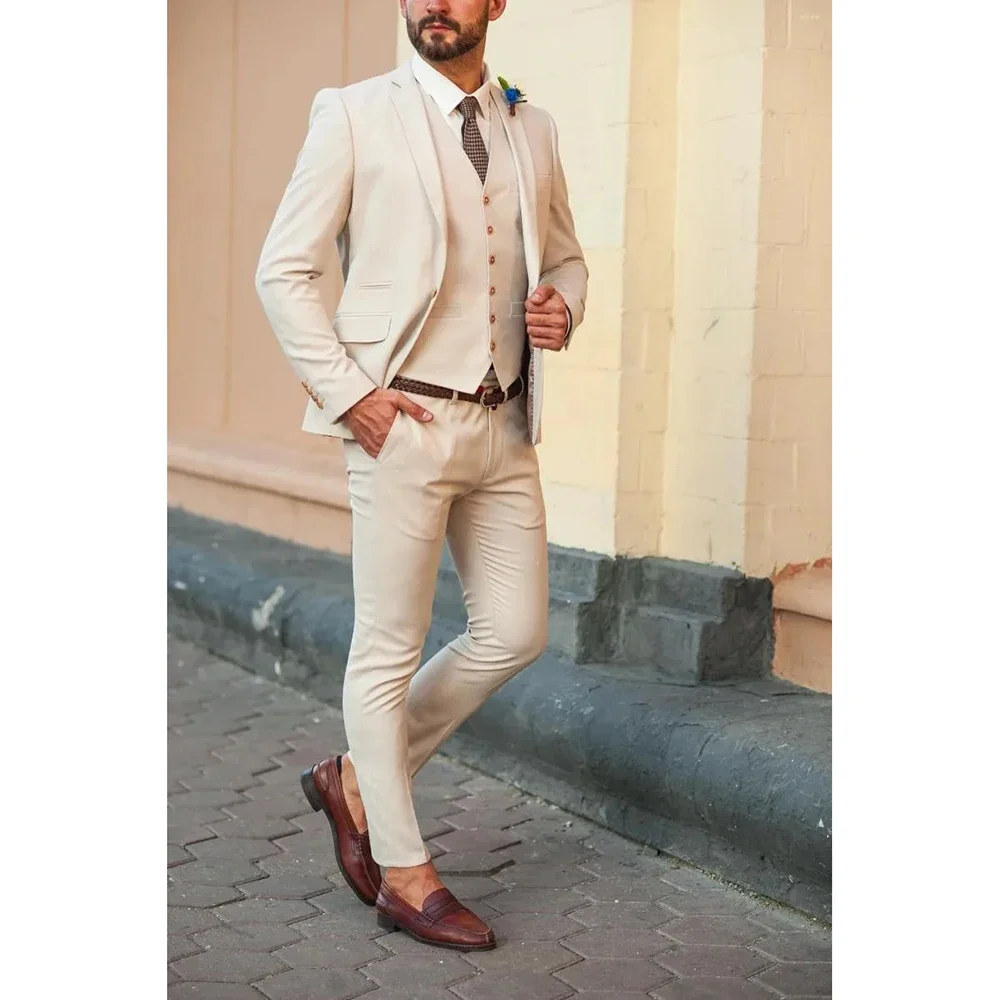 Beige Men Suits Single Breasted Notch Lapel Slim Fit Skinny 3 Piece Jacket Pants Vest Wedding Groom Outfits Elegant Terno 2024