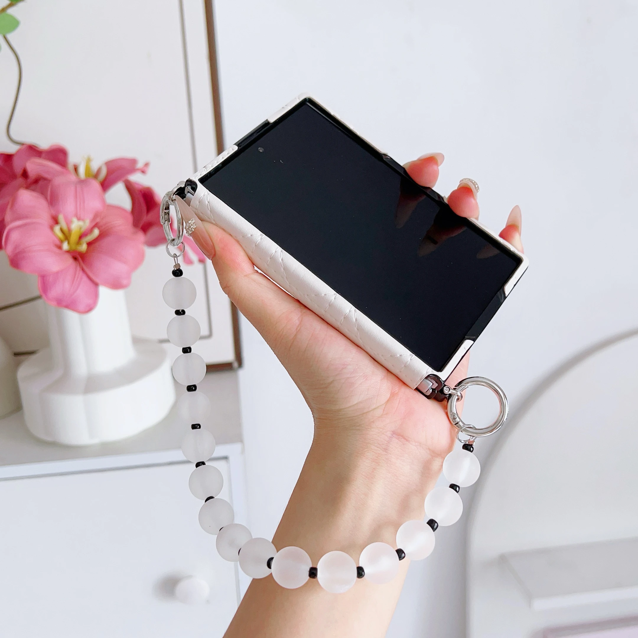 For Samsung Galaxy Z Flip 8 7 6 5 4 3 Leather Case With Protable Beads Wrist Strap Shockproof Full Protection Stylish Back Cover
