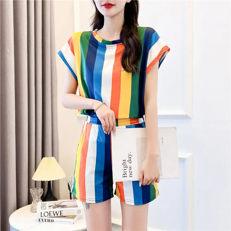 Hawaiian Summer Beach Cute Stripes Two Piece Sets Womens Outifits Loose Comfort Flying Sleeve Shirt Women Casual Shorts Pants