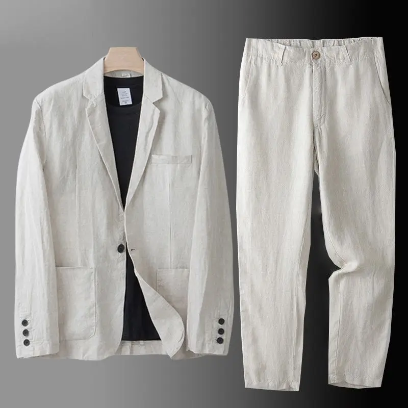 2025 Fashion Linen Suit Set for Men, Sunscreen, Breathable Long Sleeve Straight Pants, Loose Sports and Leisure Jacket 2pcs - Image 2