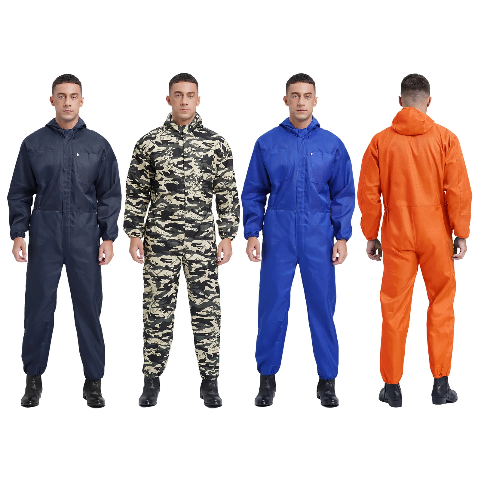 Mens Dustproof Workwear Long Sleeve Hooded Coverall Protective Suit with Zipper Pockets Mechanic Uniforms Overalls Jumpsuit