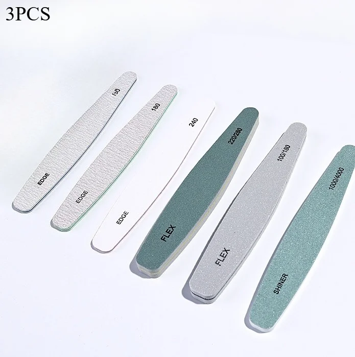 3pc nail art tools: nail file, polishing strip, sponge, nail file surface for buffing and shaping nails.