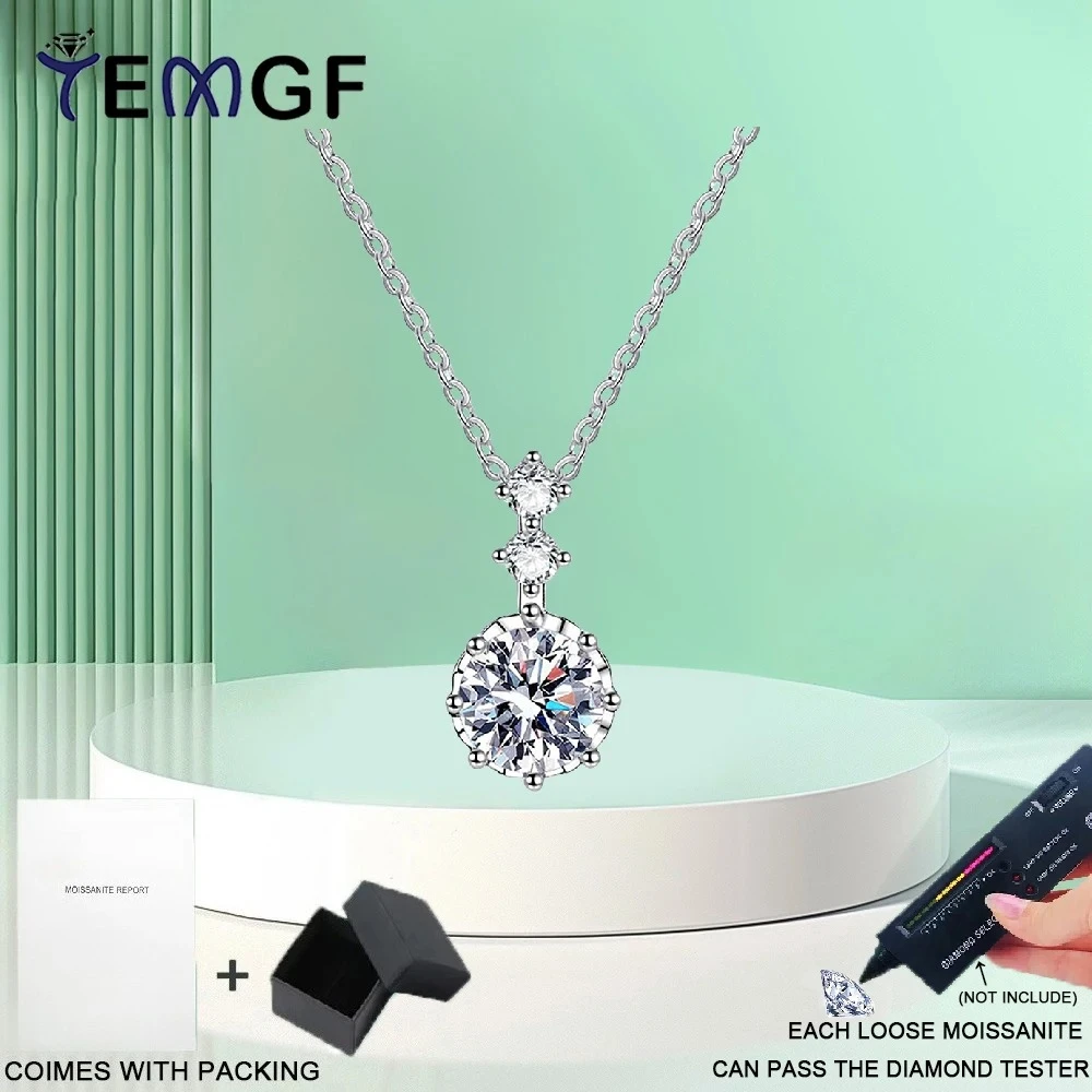 

TEMGF 6.5mm Moissanite/Zircon Pendant Necklaces 40+5cm S925 Sterling Silver Chain for Women Luxury Sparkling Fine Jewelry Gifts