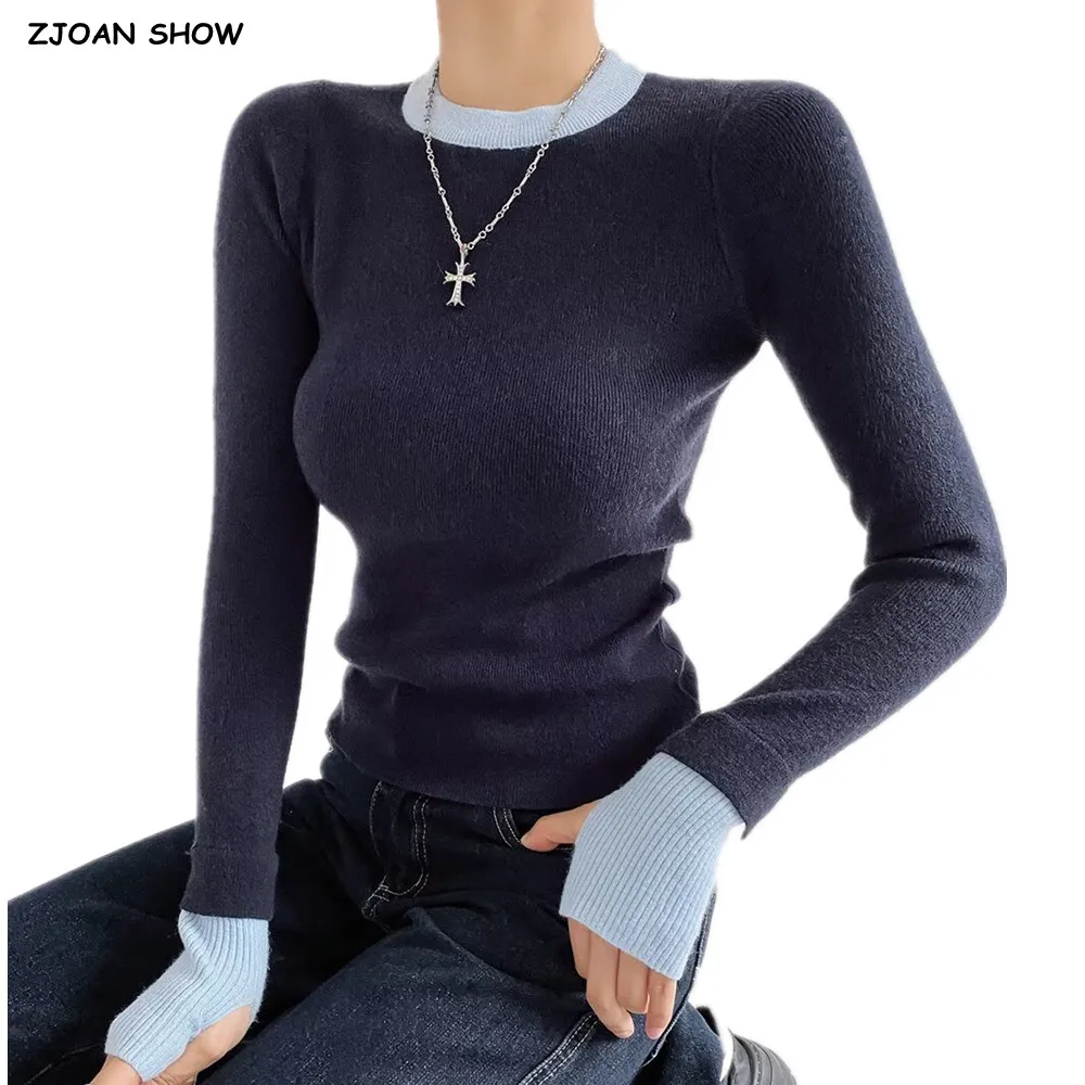 Herfst trui met ronde hals en contrasterende kleur Dames gesplitste trui met extra lange mouwen