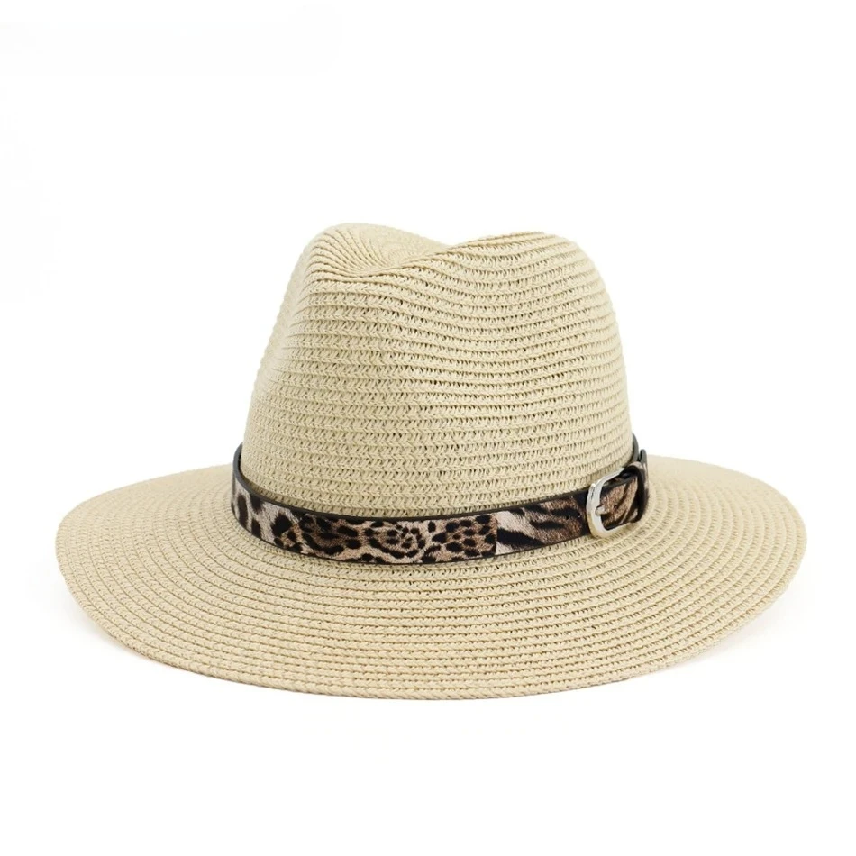 

HOAREE Бежевые женские шляпы от солнца Соломенные пляжные летние шляпы с леопардовым поясом Модные дизайнерские бежевые соломенные шляпы Женские джазовые шляпы