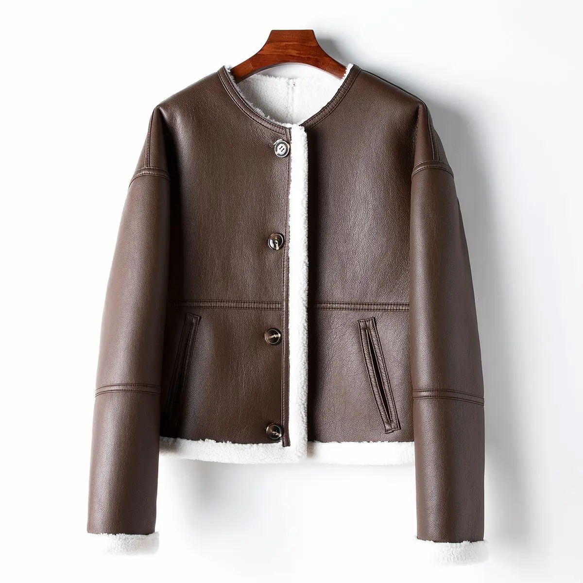 

Spring Round Neck High-quality Leather Jacket 2025 Warm Wool Lining Women's Real Fur Coat Commuting Style