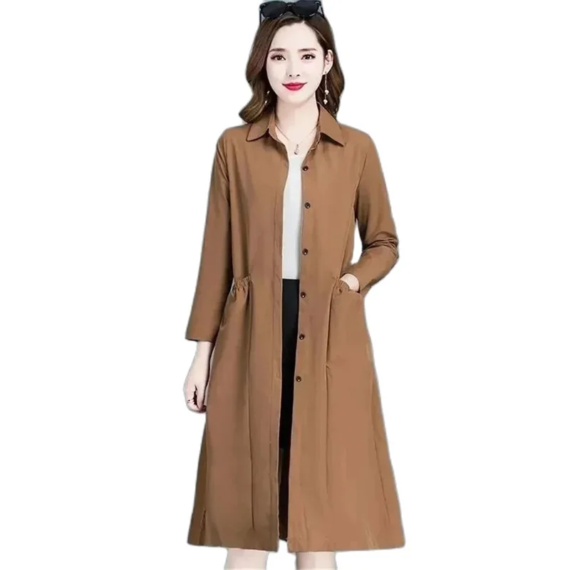 Fashion Windbreaker Women\'s Mid-Length And Thin Spring Summer Autumn Big Pocket Coat Female Popular Temperament Mother Jacket5XL